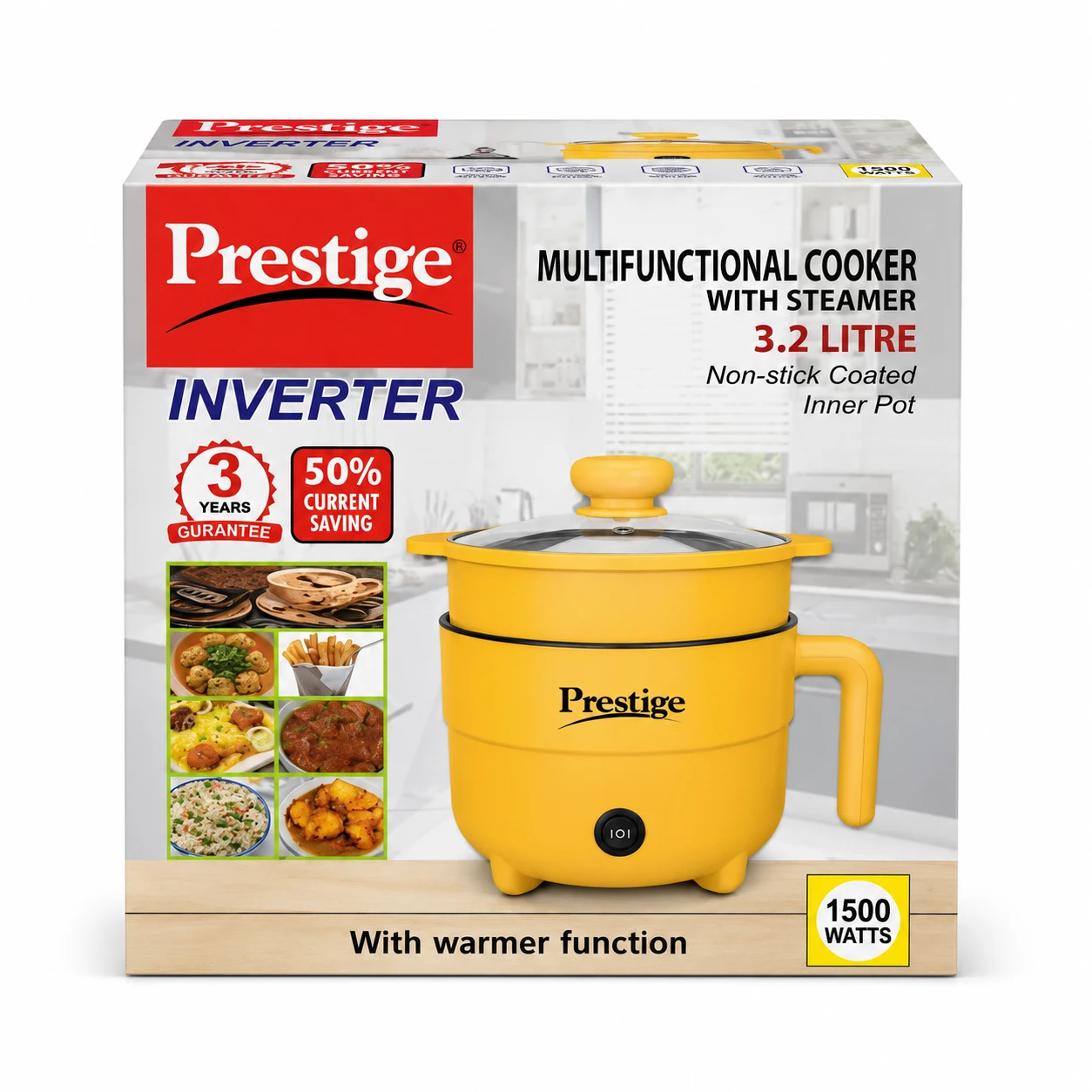 Prestige 3.2L Multifunctional Electric Cooker – 1500W Energy-Saving Non-Stick Multi Cooker with Steamer Tray for Fry, Curry, Noodles & Steaming